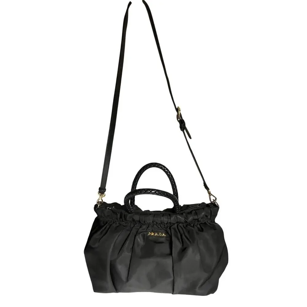PRADA Authentic Tessuto Gaufre Ruched Nylon Satchel Handbag Black Gold Crossbody